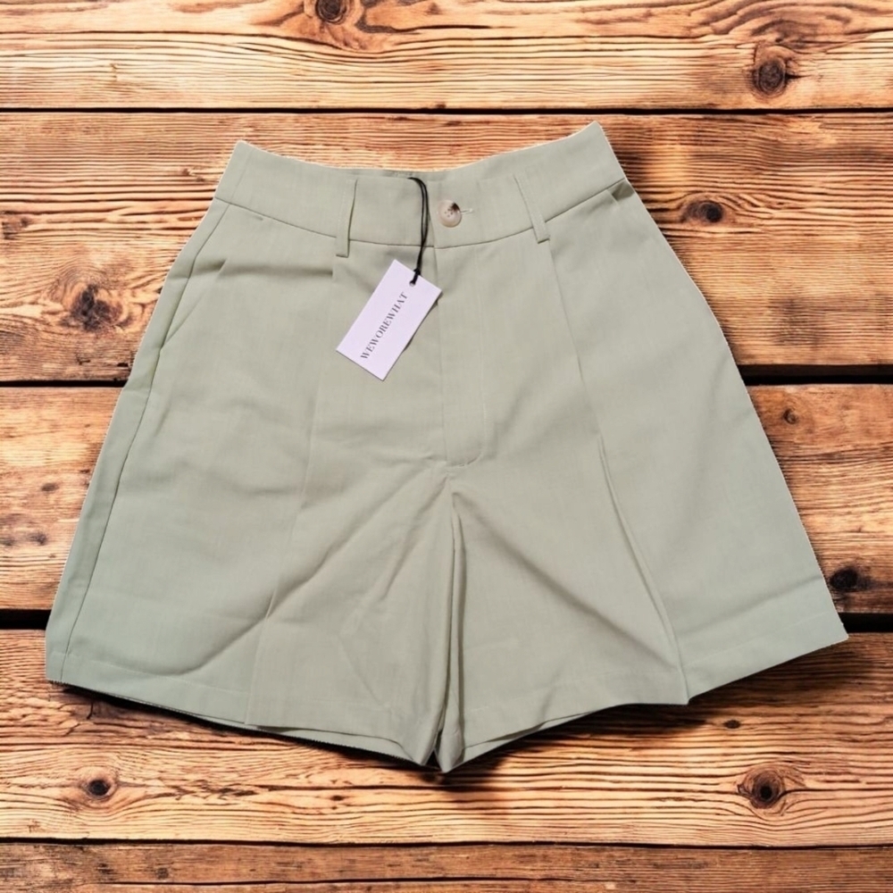 WeWoreWhat High Waist Fog Green Trouser Shorts Minimalist Design